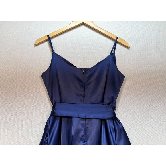 B. Smart Womens Fit & Flare Wrap Dress Size 9 Navy Satin Sleeveless Prom Party - Picture 9 of 10